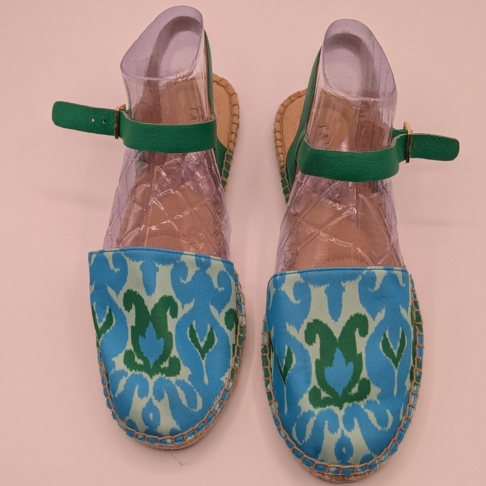 Talbots $109 7M Blue Green Cotton Ikat  Leather Ankle Strap Espadrille Sandals